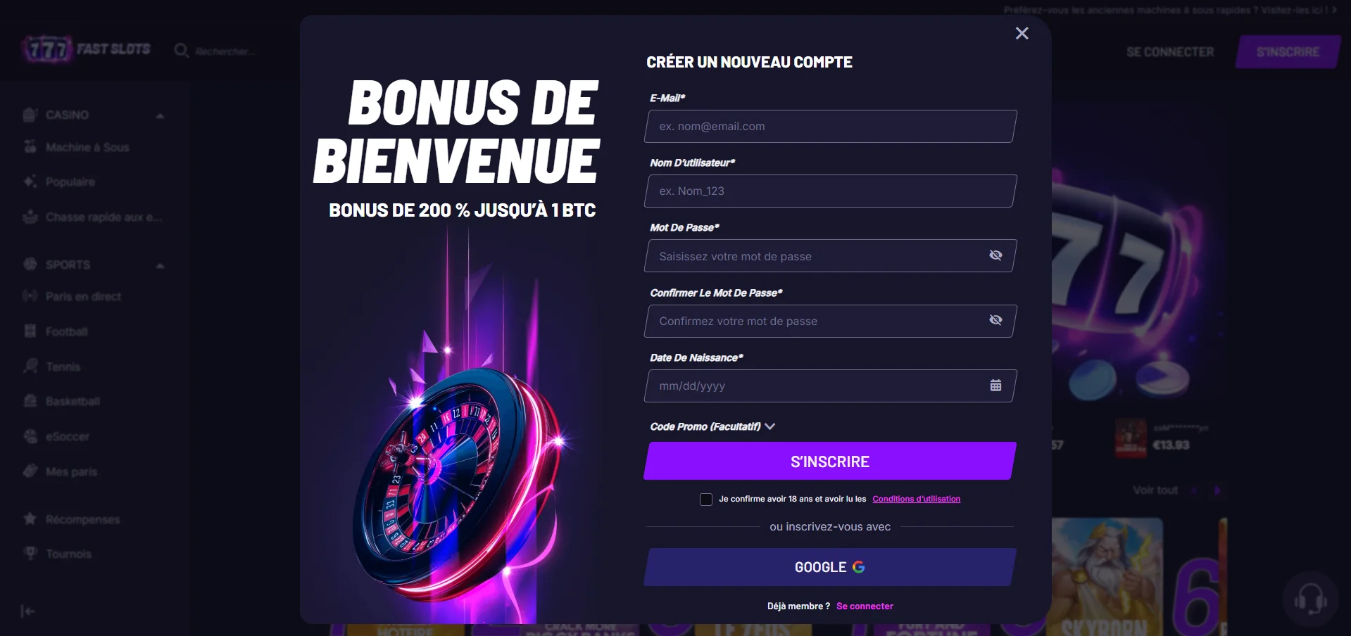 Comment s'inscrire sur Fast Slots casino ?
